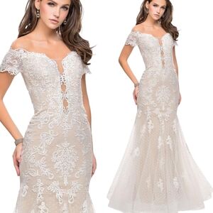 NWT La Femme Long off the shoulder ivory lace formal mermaid dress